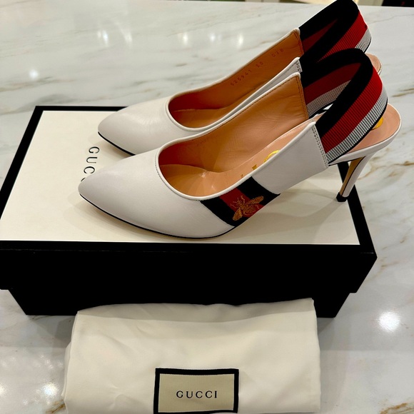 Gucci White Leather Sylvie Slingback Pumps size 38 - Picture 1 of 12